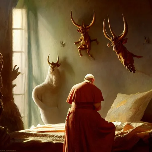 Image similar to the pope is in his bedroom, scared because a horned demon is attacking him. highly detailed painting by gaston bussiere, greg rutkowski, craig mullins 8 k