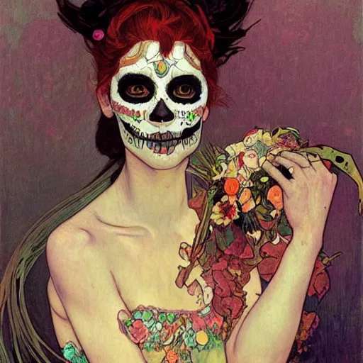 Image similar to realistic detailed painting of a cute punk Día de los Muertos girl by Henri de Toulouse-Lautrec Alphonse Mucha Egon Schiele Ayami Kojima Amano Charlie Bowater, masterpiece