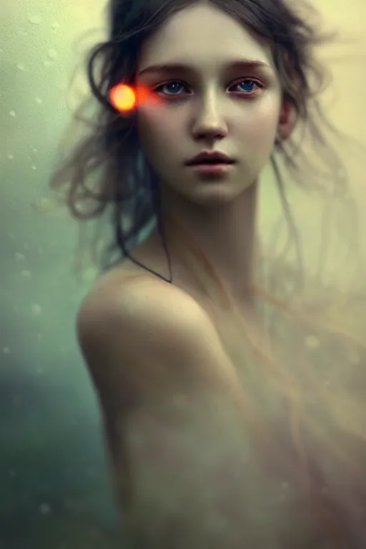 Image similar to beautiful photograph by alexey gurylev, portrait in the center of the face, wonderful eyes, cottage care, self - confident, fog, rain, volumetric lighting, soft light particles floating next to her, illustration, perfectly shaded, often drawn, works by krenz kushart, wenjun lin, alphonse mucha