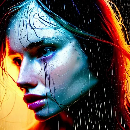 Image similar to bright asthetic portrait LSD glowing backlit rain on face and wet hair in strands, overhead lighting, fantasy, intricate, elegant, dramatic lighting, highly detailed, lifelike, photorealistic, digital painting, artstation, illustration, concept art, smooth, sharp focus, art by John Collier and Albert Aublet and Krenz Cushart and Artem Demura and Alphonse Mucha