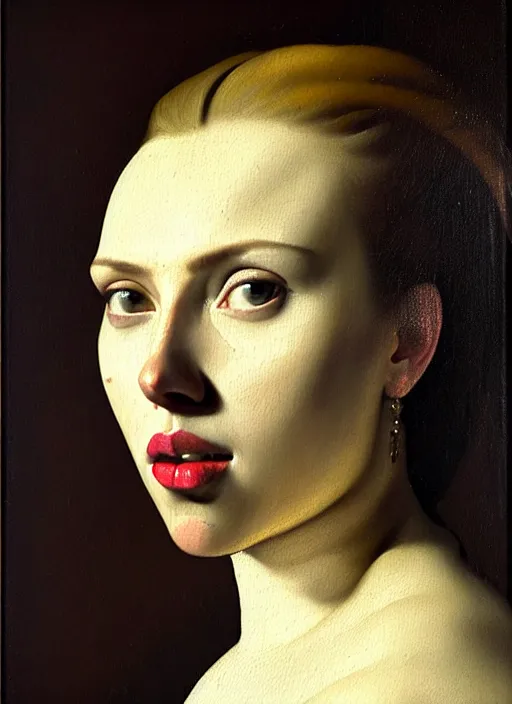 Image similar to portrait of scarlett johansson, oil painting by johannes vermeer, 1 7 th century, art, close up, oil on canvas, wet - on - wet technique, realistic, expressive emotions, intricate textures, illusionistic detail