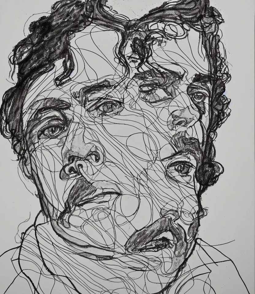 Prompt: line art portrait of wagner inspired by egon schiele. contour lines, twirls and curves, musicality, rapid sketch