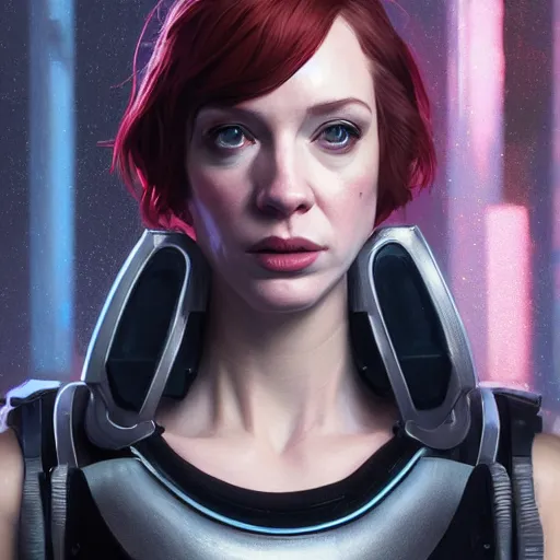 Image similar to highly detailed upper body portrait christina hendricks wearing shiny plastic armor cyberpunk in gta v, stephen bliss, unreal engine, fantasy art by greg rutkowski, loish, rhads, ferdinand knab, makoto shinkai and lois van baarle, ilya kuvshinov, rossdraws, tom bagshaw, global illumination, radiant light, detailed and intricate environment