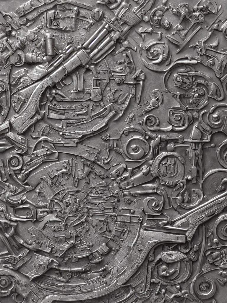 Image similar to relief sculpture carving in metal of machine guns, hyperrealistic, ultrarealistic, intricate details, 4k, unreal 5, digital art