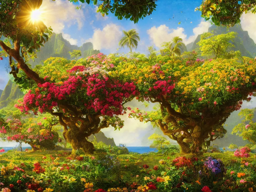 Prompt: kauai springtime, universe is a spheroid region 7 0 5 meters in diameter, sunlight study, art nouveau, by jan davidsz de heem and ( ( ( ( ( lisa frank ) ) ) ) ) and albert bierstadt, 8 k, extreme detail, sharp focus, octane render