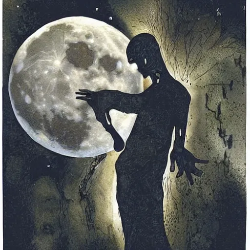 Prompt: looking at the full moon, ghost leaving the body, dave mckean