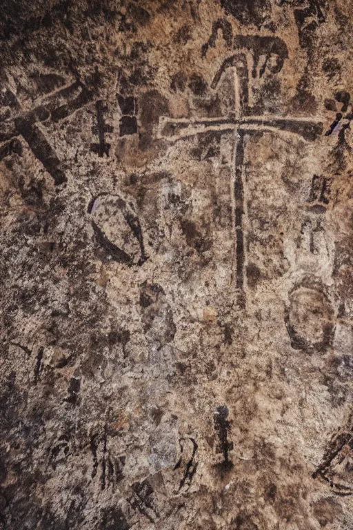 Image similar to 4 k photography of petroglyphs representing crosses, sauwastica, wifi symbol on a cave