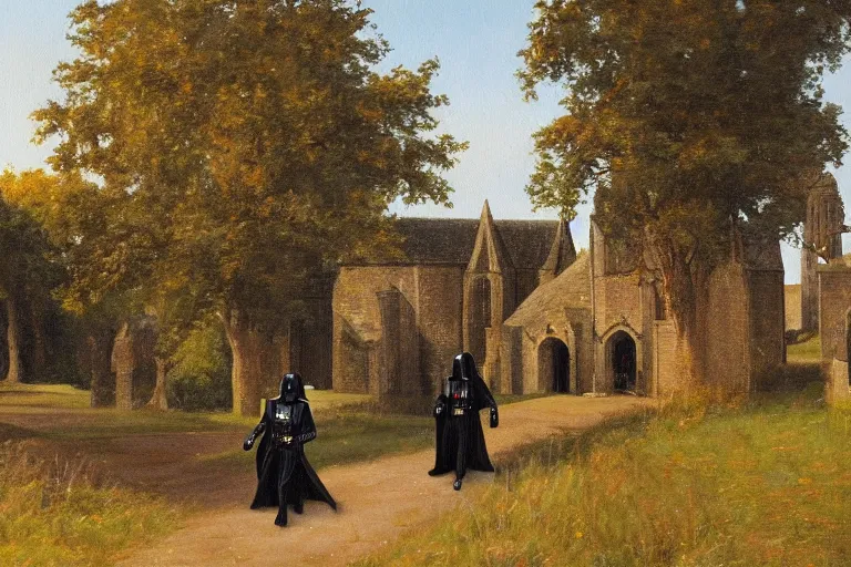 Image similar to a detailed oil painting of darth vader leaving a medieval church in a quaint english village, churchyard, trees, golden hour