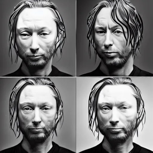 Prompt: prints of random thom yorke versions on a table, hyper realistic, many very random variations of thom yorke, various emotions, various poses, high quality photographs, mixed styles, intricate details, diverse