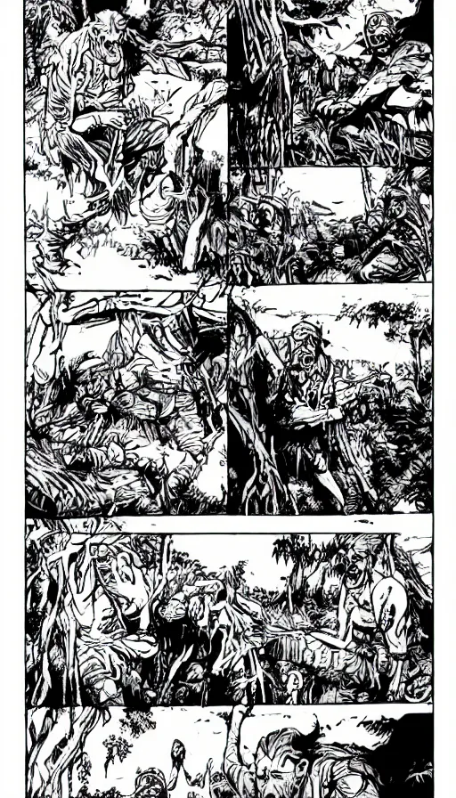 Image similar to multi - panel page from a highly detailed horror comic. a handsome rugged bearded man treks through a rainforest. finds an ancient temple. ink.