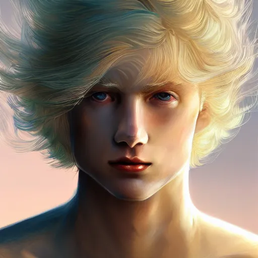 Prompt: Portrait of an androgynous blond prince in a beautiful world, pale milky white skin and long fluffy curly blond hair, intricate, elegant, fantasy, highly detailed, digital painting, concept art, Junji Ito, sharp focus, illustration, beautiful volumetric lighting, epic light, artstation, magic hour lighting, colorful, sunshine, springtime, art by Sylvain Sarrailh