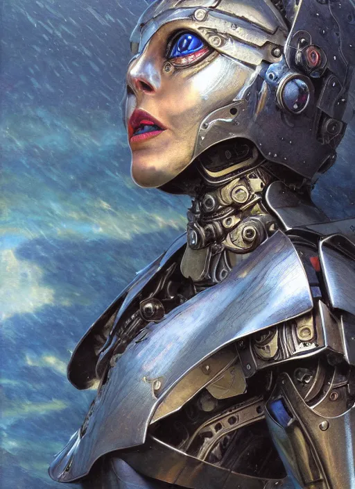 Image similar to biblical diabolical beautiful female valkyree android, slick mechanical metal armor, jump, heavy eyes to the side, closeup, bright glowing veins, in clouds, rain, sunset, portrait, by gerald brom, by mikhail vrubel, by peter elson, muted colors, extreme detail, reflections, trending on artstation, 8 k