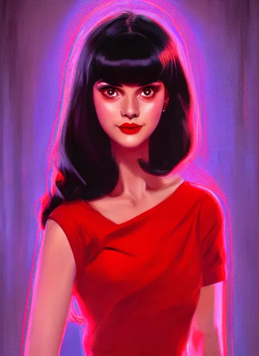 Prompt: portrait of veronica lodge with bangs, 1 9 6 0 s, long hair, red clothes, bangs, intricate, elegant, glowing lights, highly detailed, digital painting, artstation, concept art, smooth, sharp focus, illustration, art by wlop, mars ravelo and greg rutkowski
