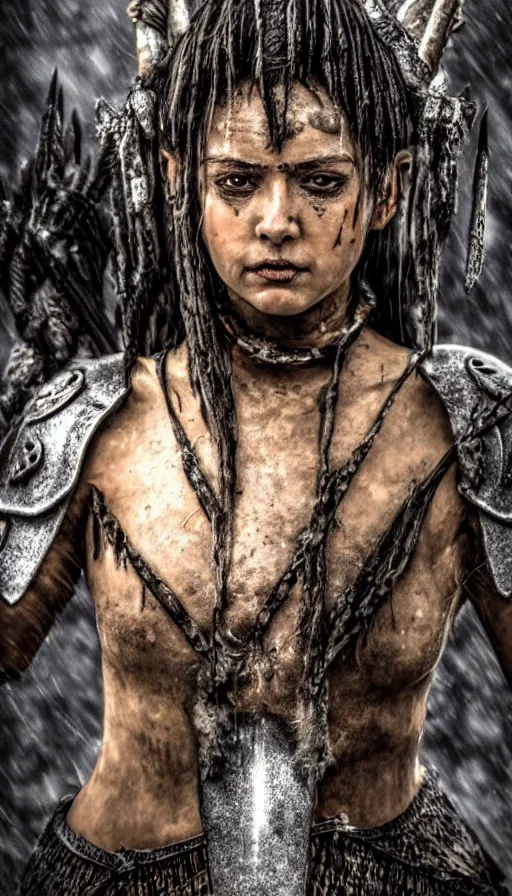 Prompt: wet ancient princess tribeswoman in battlerage, destroyed armor inspired by monster hunter, low shot camera, muscular, symmetrical face, clean face, subtle make up, debris and arrows flies around her, frozen time effect,dramatic lighting, cinematic, establishing shot, extremely high detail, photorealistic, 300 the movie,monster hunter the movie, dune the movie, cinematic lighting, artstation, octane render, western,old photo, vintage