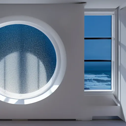 Prompt: perfume bottle on a white zen clean modern minimalist white counter in front of large circular window with ocean view, frozen and covered in ice, by peter tarka in an ivory room well contoured smooth fair walls, zaha hadid octane highly render, 4 k, ultra hd,