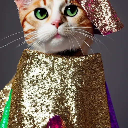 Prompt: a high - quality photo of a cat wearing a sequined designer cape, hyperrealistic, textured, animal portrait, dark rainbow, bokeh, f 2. 8