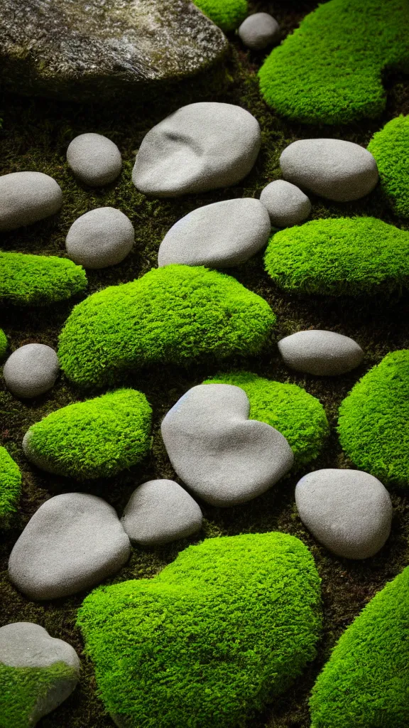 Prompt: a crystal heart laying on moss in a serene zen garden, light rays are coming through the leaves above, god rays, beautiful award winning macro photography, unreal engine 5, trending on artstation, serene secluded garden, isometric angle,