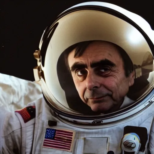 Image similar to perfect photo of carl sagan looking through visor of spacesuit, mars rover in background, detailed face