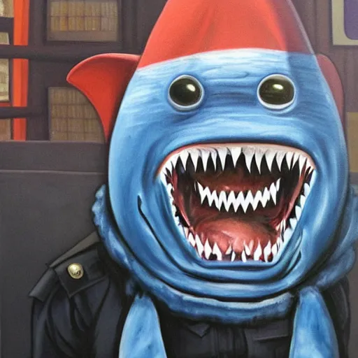 Image similar to detailed painting of a terrifying shark dressed as a police officer, nightmare, lapd