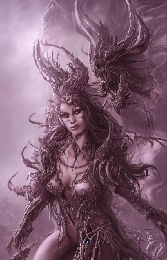 Prompt: an concept art of the demon queen, beautiful hair, intricate details, detailed face, detailed clothes, artstation, epic pose, epic background, ambient light, by bob timberlake and wlop