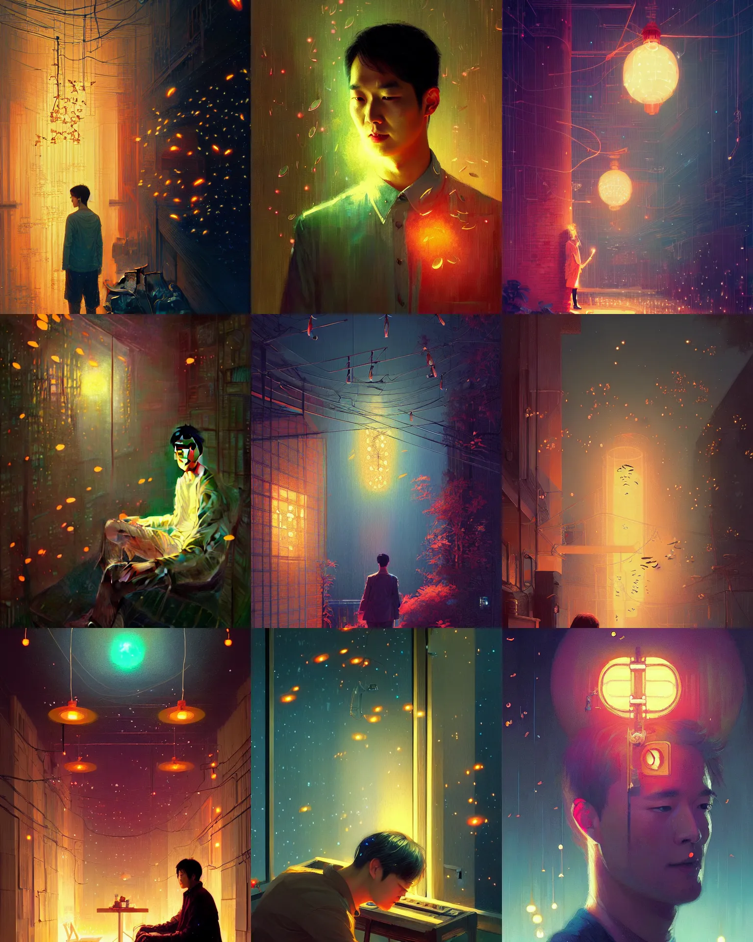 Prompt: fireflies around, mute, neon light language, ( lee min - ho portrait ) by wlop, james jean, victo ngai, beautifully lit, muted colors, highly detailed, fantasy art by craig mullins, thomas kinkade