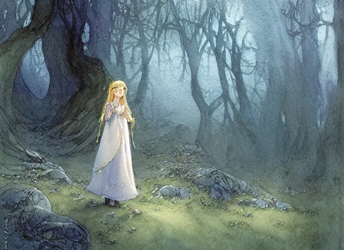 Image similar to young elf girl singing in the forest with fairy lights, light ground fog, river, detailed fantasy watercolor comic style, subtle colors, by alan lee and tony sart