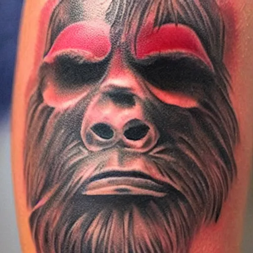 Prompt: tattoo of bigfoot with a shining crystal slightly spooky, red, white, and black ink, hyperdetailed, realistic