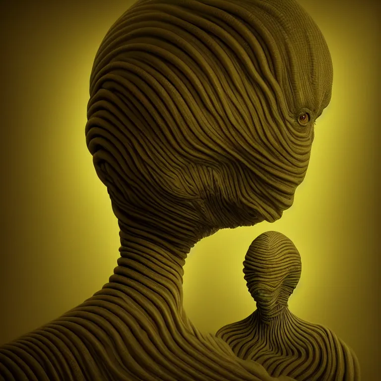 Image similar to surreal portrait of ribbed alien by m c escher, soft grainy bloom lucid dream - like atmosphere, harsh flash photo at night, baroque painting, perfect composition, detailed octane render trending on artstation, 8 k artistic photography, volumetric cinematic perfect light, chiaroscuro, masterpiece, raphael, caravaggio, beksinski, rutkowski, beeple