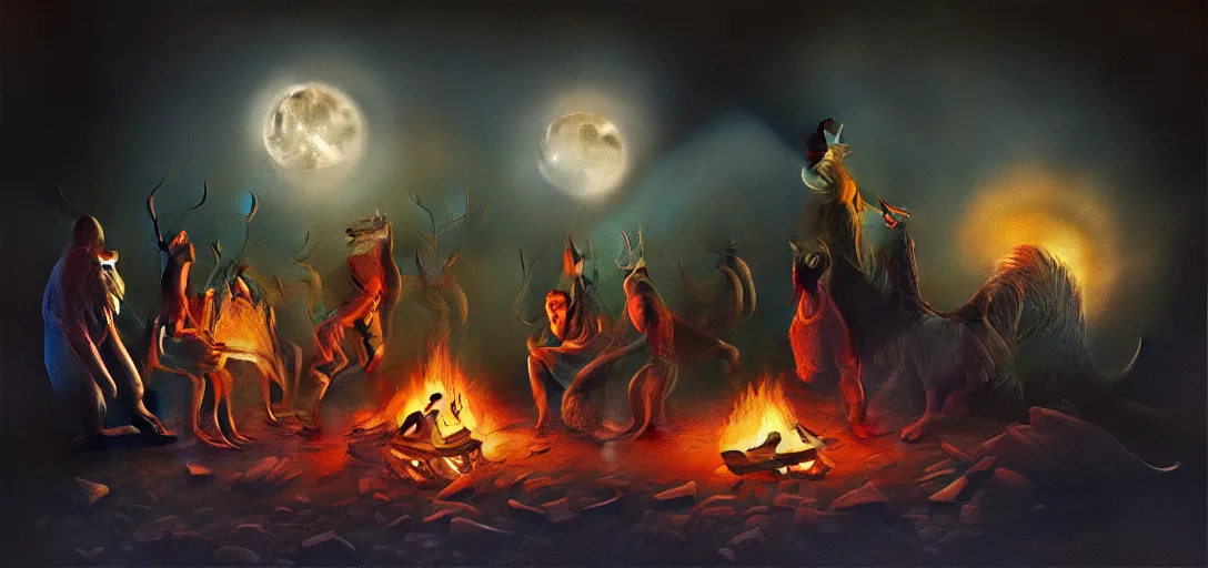 Image similar to strange mythical beasts of sitting around a fire under a full moon, surreal dark uncanny painting by ronny khalil