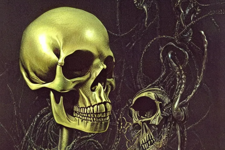 Prompt: intricate, smooth metallic skull atop coil of thick tubes, inside a dark room, style by caspar david friedrich and wayne barlowe and ted nasmith.