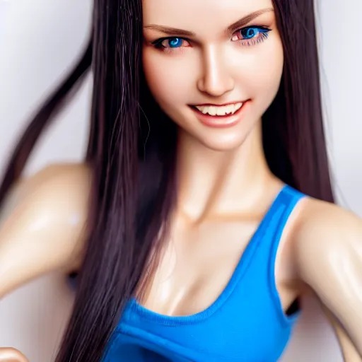 Image similar to beautiful portrait of a cute thin young woman, hyperrealistic full figure, athletic body, six pack, abs, concentrated look, cute smile, highly detailed, detailed face and eyes, long black hair, flushed face, blue eyes, golden hour, volumetric lighting, 8 k, portrait, 3 0 mm f 1. 8,
