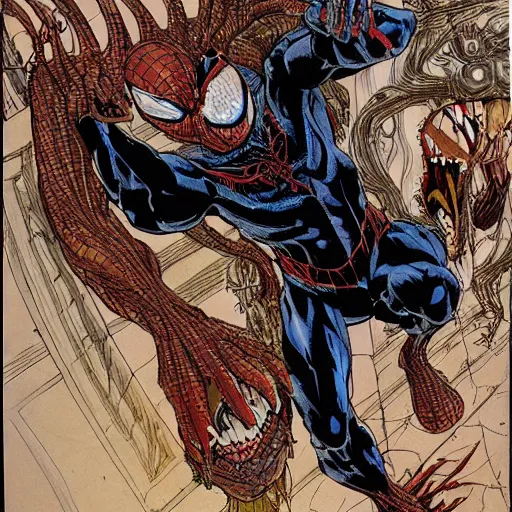 Image similar to venom from spiderman, mental health, psychology :: Concept Art, Highly Detailed, intricate :: a masterpiece by M.W. Kaluta