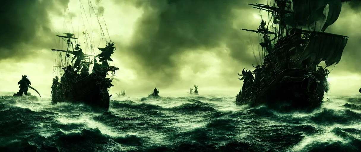 Image similar to pirates fighting cthulhu, cinematic atmosphere, maximized, high detail, 8k, ornate, dark fantasy, masterpiece, complex, film still from the movie directed by Denis Villeneuve