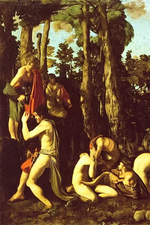 Image similar to artemisia gentileschi oil painting cloaked men trading animals in the woods