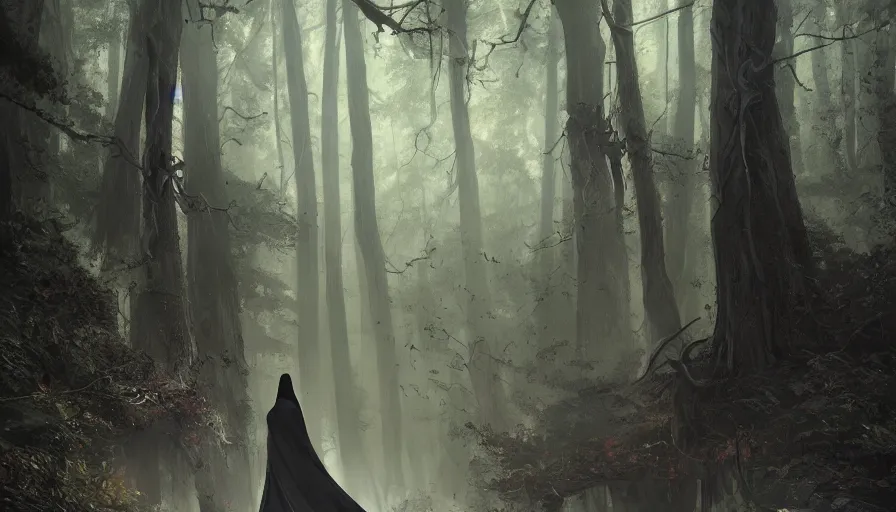 Image similar to A beautiful painting of a the grim reaper wearing a flowing cloak on a magical forest path, ray traced sun light, by greg rutkowski and Kalin Popov , Trending on artstation HD.