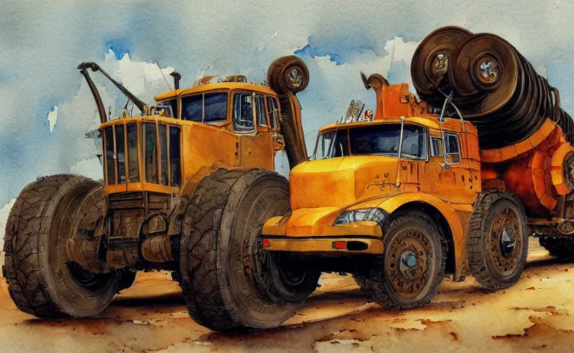 Prompt: caterpillar truck, colorful watercolor. by rembrant, battle angel alita, ralph mcquarrie, aluminum, 1 6 6 7