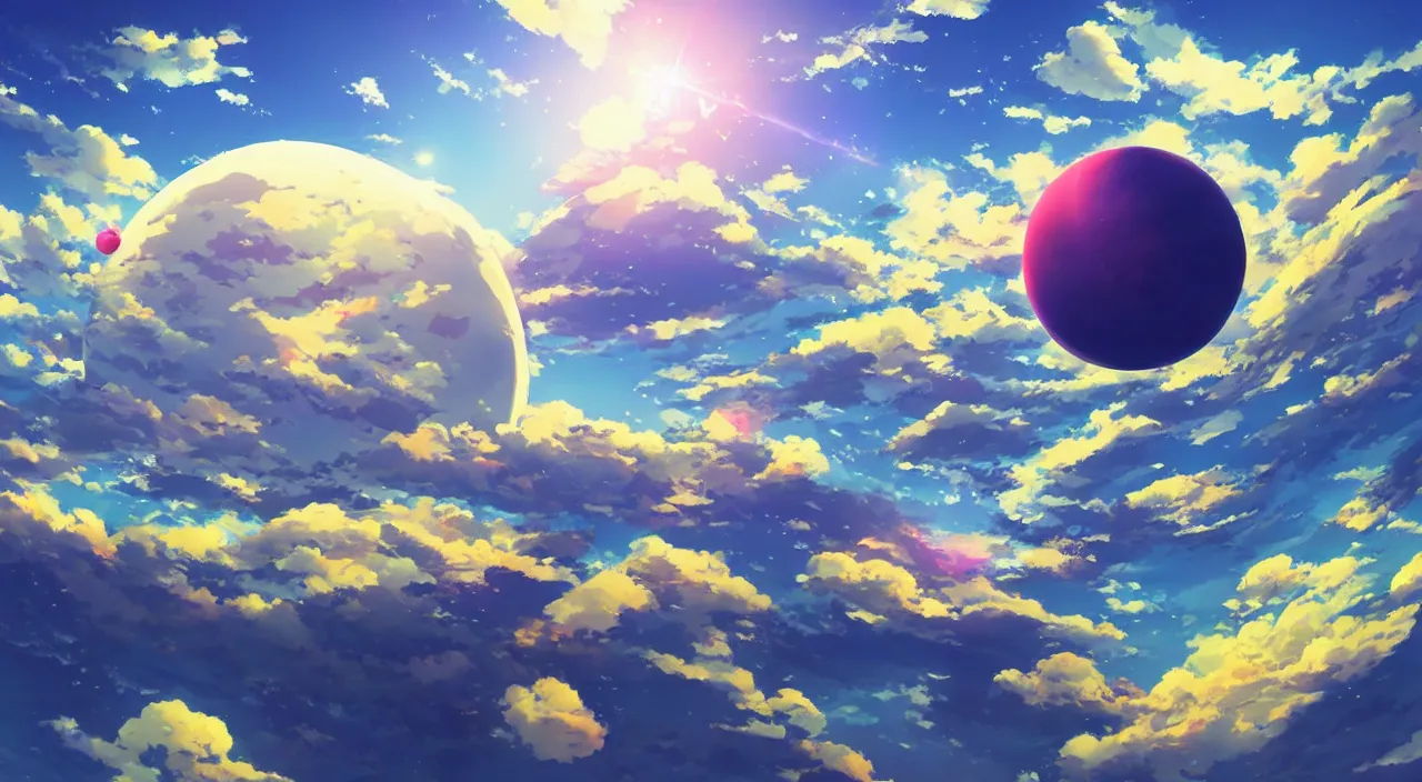 Prompt: Big pink sphere surrounded by blue sky, beautiful matte painting by Makoto Shinkai,