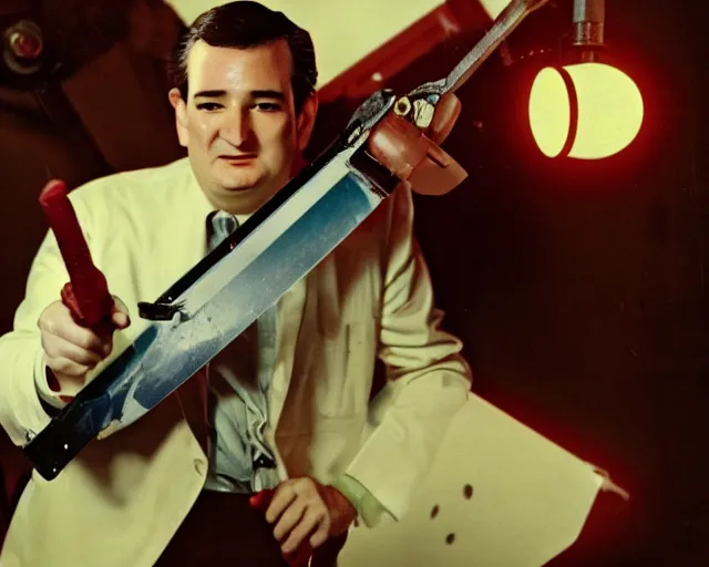 Image similar to bloody ted cruz holding knife with searchlight overhead, film reel, technicolour film