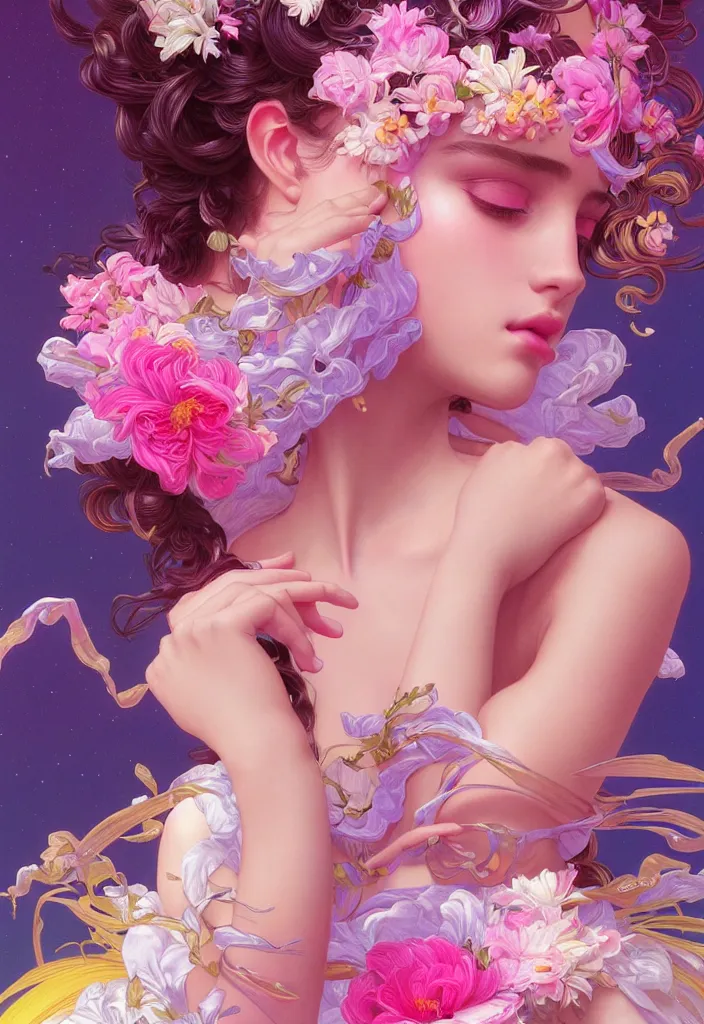 Image similar to young beautiful woman, gorgeous face, vaporwave aesthetic, synthwave, colorful, psychedelic, artstation, flowers, bees, ribbons, concept art, luxurious silvery gown, smooth, extremely sharp detail, finely tuned detail, 8 k, unreal engine 5, ultra sharp focus, illustration, art by artgerm and greg rutkowski and alphonse mucha