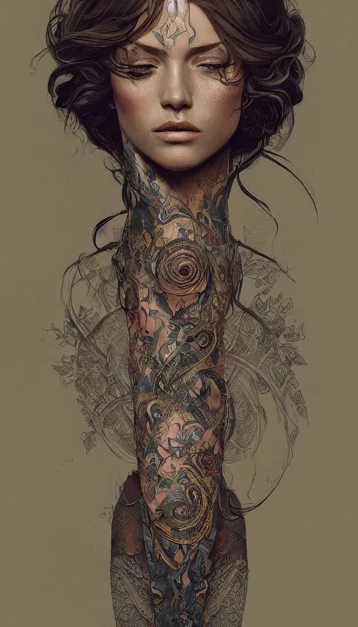 Prompt: tattooed lady, fame of thrones, fibonacci, sweat drops, intricate fashion clothing, insane, intricate, highly detailed, digital painting, artstation, concept art, smooth, sharp focus, illustration, Unreal Engine 5, 8K, art by artgerm and greg rutkowski and alphonse mucha