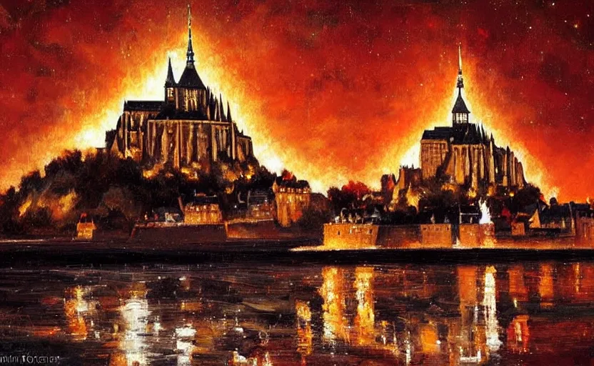 Prompt: Mont Saint Michel on fire at nighttime. Flames, burning. By Konstantin Razumov, highly detailed