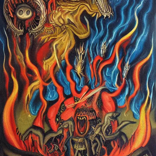 Image similar to medieval bestiary of repressed emotion monsters and creatures starting a fiery revolution in the psyche, surreal oil on canvas