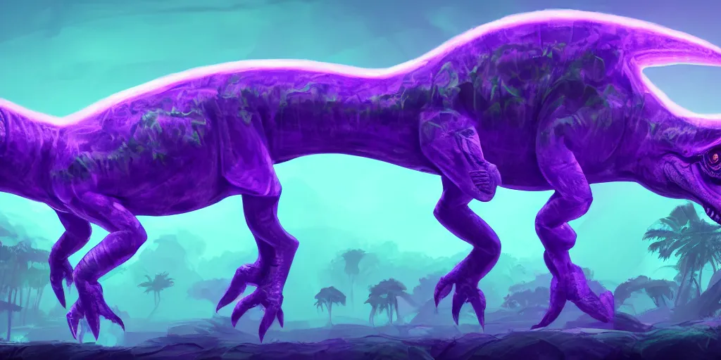 Prompt: spectral purple neon ghost dinosaur, green jungle background, detailed, ultrawide landscape, concept art