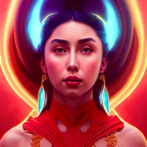 Image similar to julia barretto as darna, volumetric lights, red and cyan theme, art nouveau botanicals, intricate, highly detailed, digital painting, artstation, concept art, smooth, sharp focus, cinematic, illustration, beautiful face, art by artgerm and greg rutkowski and alphonse mucha