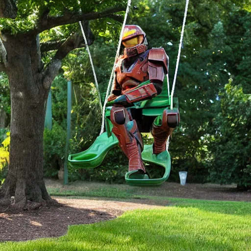 Prompt: master chief on a swing set