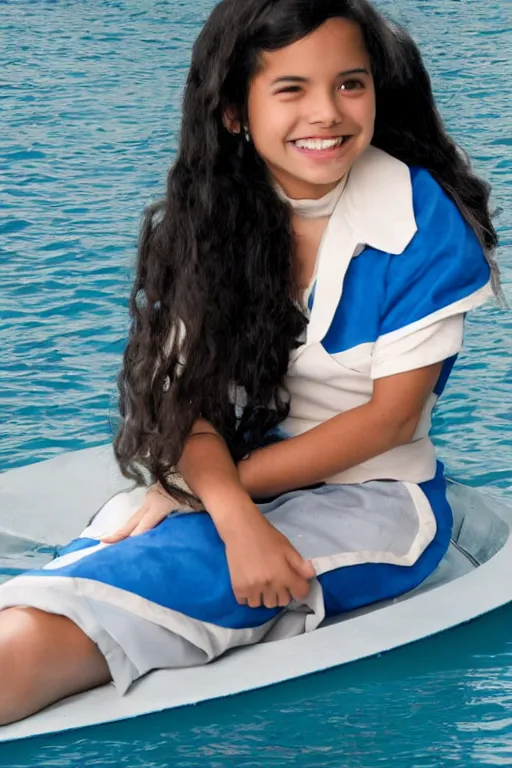 Image similar to full-length photo of real life Katara from Avatar, smiling, looking at camera, sitting on a boat