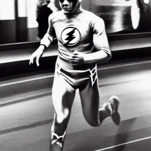 Prompt: Actor Billy Pipski as the Flash running on the Cosmic Treadmill, from The Flash Movie, 1980, directed by Steven Spielberg, Warner Brother Pictures