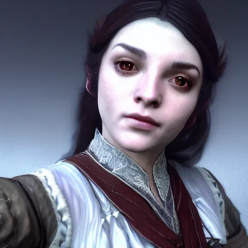 Image similar to selfie of lisette the bard of the winking skeever, skyrim, fine detailed face, enb, ks hairdo, stunning 3 d render inspired art by greg rutkowski and xiang duan and thomas eakes, realistic, highly detailed attributes and atmosphere, dim volumetric cinematic lighting, 8 k octane detailed render, post - processing, masterpiece