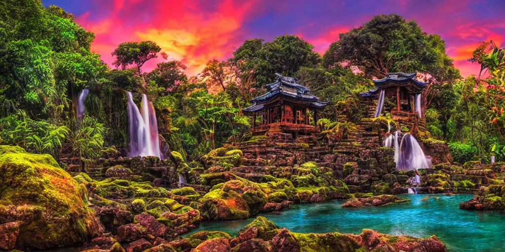 Prompt: ancient forest with a stone temple and a waterfall and colorful tropic fruit trees, sunset, high definition, high detail, photorealisitc, 8k,