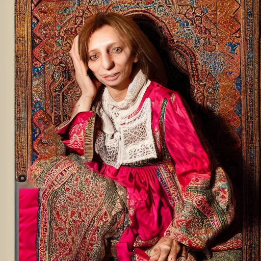 Image similar to Iranian Michelle Houellebecq wearing traditional persian clothes, realistic, photo studio, HDR, 8k, trending on artstation